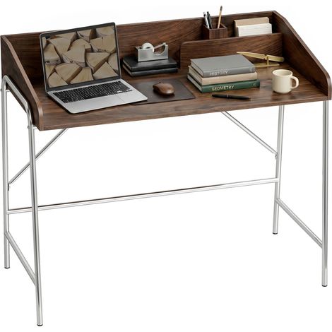 Bureau - HOMCOM - rebord de sécurité - pour petit espace, travail à domicile ou étude - structure en métal - 109x57x91cm - noyer (1/5)