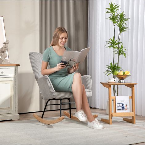 Fauteuil à bascule en polyester gris clair avec base en bois de hêtre, 71 x 98 x 101 cm (1/5)