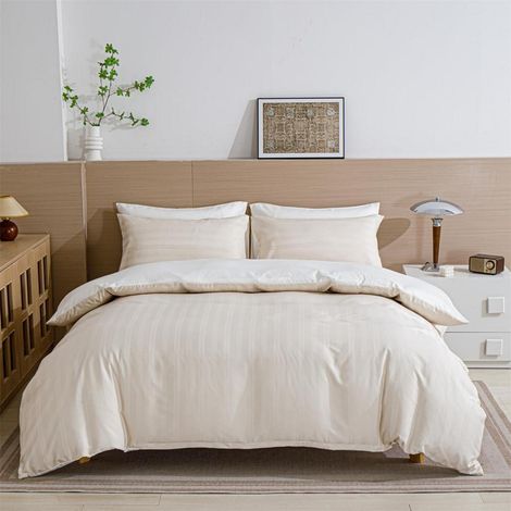 Bettwäsche-Set 200x220 cm Beige Gestreift Satin Glatt Glänzend 3-teilig mit Reißverschluss