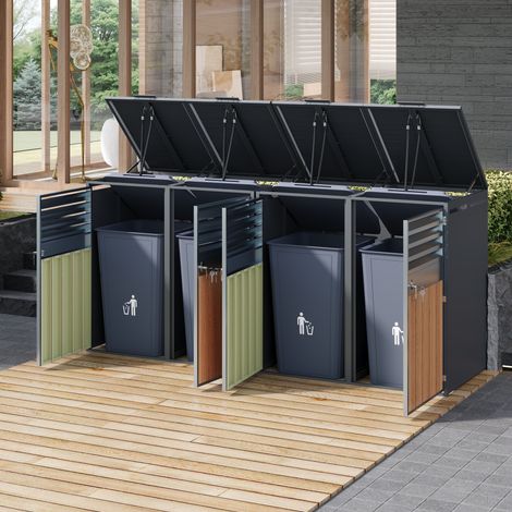 REDOM Abri cache-poubelles 4 compartiments, couvercle rabattable hydraulique, portes verrouillables, acier gris effet bois