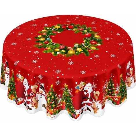 Nappe de Noël ronde 152 cm, en polyester, motif sapin, Père Noël et bonhomme de neige, décoration de table ronde 180 x 180 cm - Style 1 (1/3)