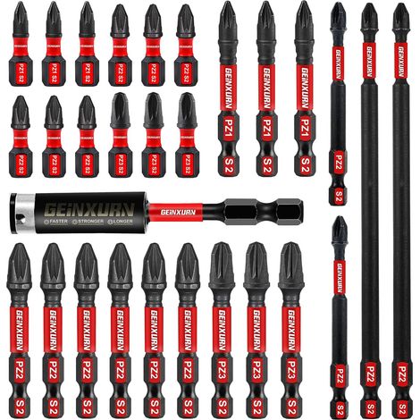 28 Pieces Pozidriv Impact Screwdriver Bits PZ1 PZ2 PZ3 25/50/75/150 mm, Magnetic Bit Set for Screwdriver Hex Shank 1/4" S2 Alloy Steel with 1 Bit Holder 75 mm (1/5)