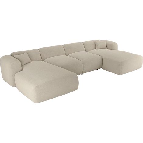 Vente-Unique – Canapé d'angle panoramique 7 places en tissu chiné beige – Garnissage mousse haute résilience – Structure bois – Dimensions 356x166cm (1/5)