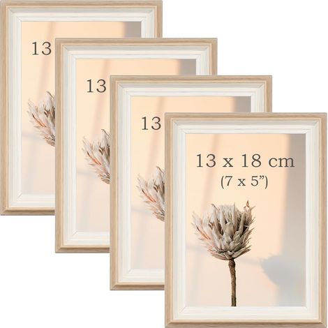 Lot de 4 Cadres Photo, Cadre Photo Autoportants pour Bureau, Cadre Tableau Mural Paysage à Suspendre, Photo Frame for Wall (Grain de Bois, 13 x 18 cm) (1/5)