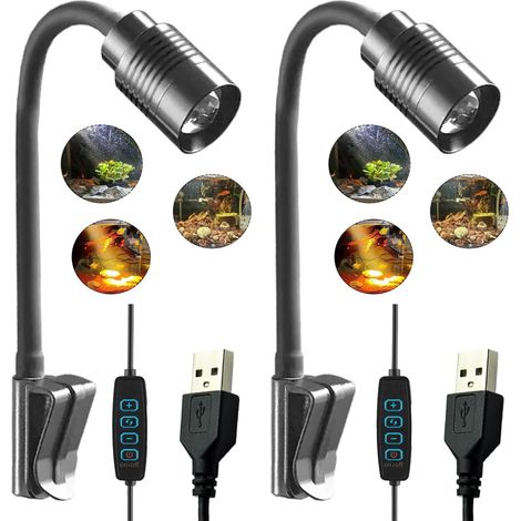 Lot de 2 lampes à clipser pour aquarium (verre à pince de 0,9 mm) avec minuterie, mise au point réglable, lumière variable tricolore, angle d'éclairage flexible à 360°