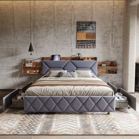Cama 140x200 cm, con 4 cajones de hierro, cama doble con canapé de láminas, cabecero con almacenamiento y decoración de diamante, cargador USB, terciopelo, Moderna, Gris (1/5)