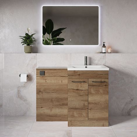 Napoli 460 Tobacco Oak 1100mm 2 Door Vanity Unit Toilet Suite with Glide Basin - 1100mm - Gunmetal Grey 160mm HandleWithout Kingston Toilet Pan