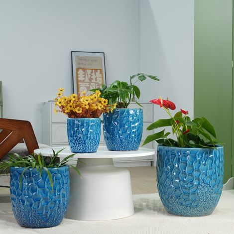 Pot de fleurs 38 cm en céramique bleue, avec drainage, pour salon et jardin FloraGrace (1/5)