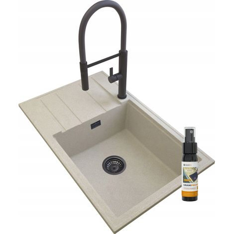 Évier de Cuisine en Granit 80 x 50 cm Beige, 1 Cuve avec Égouttoir, Robinet FULL Noir avec Douchette Extractible, Siphon Noir LOUIS (1/5)