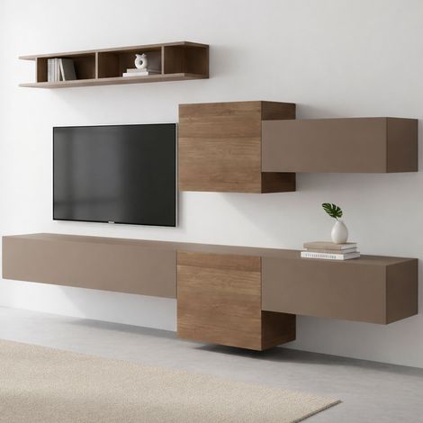 Dmora - Parete attrezzata Maulazzo, Composizione soggiorno, Mobile salotto multiuso, Armadio porta TV, Made in Italy, 262x30 h185 cm, Bronzo e Noce (1/5)