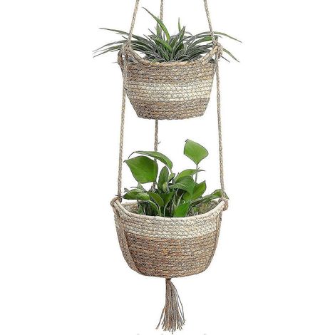 Panier suspendu en jonc de mer, 2 tailles, pot de fleurs tressé pour intérieur et extérieur - Cache-pot, panier de rangement, contenant pour plantes (beige) (1/5)