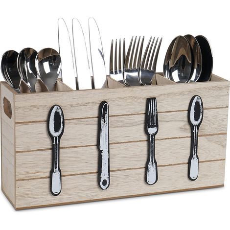 1 Range-couverts,4 compartiments,Bois rustique,Organiseur couteaux fourchettes,Salle à manger restaurant (1/5)
