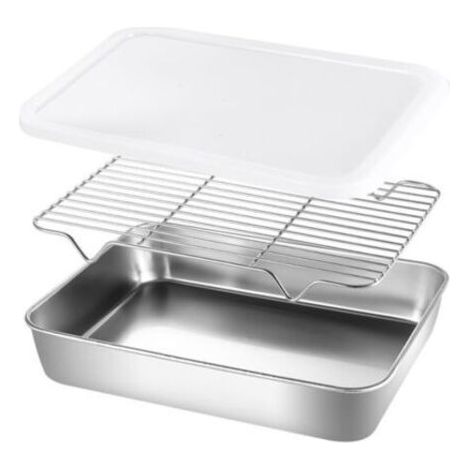Plaque de cuisson en acier inoxydable avec grille pour four et plaque à biscuits (26 x 20 x 5 cm),