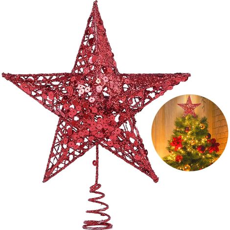1 Étoile de sapin, 25 cm, métal ajouré, paillettes rouges, support à ressort, décoration intérieure fêtes (1/5)