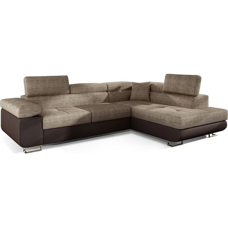 Canapé d'angle convertible simili cuir et tissu MARKA - Coffre et appuis-tête réglables angle droit-Marron/Beige chiné-angle droit (1/5)