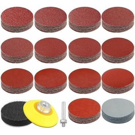 140 pièces Velcro papier abrasif 50mm 60 80 100 120 180 240 320 400 600 800 1000 1200 2000 3000 Grain, Disques Abrasifs 50 mm Set avec 1 pièce kit de tampon de roue adaptateur de tampon de polissage T (1/4)