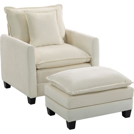 Bequemer Chenille-Sessel mit integrierter Fußstütze, breites Einsitzer-Sofa, doppelt gepolstert, Maße 85 x 128 x 86 cm, cremefarben