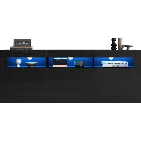 TV-Lowboard mit 2 Türen, 2 Schubladen und 3 offenen Fächern und LED, Hochglanz Schwarz, 160×35×60 cm, aus Spanplatte (1/5)
