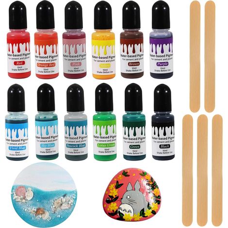 Pigments de couleur pour poudre de fonte,couleur 12 couleurs - 10 ml  facilement soluble avec 5 bâtonnets agitateurs, pigment à base d'eau pour peinture béton, plâtre, ciment, travaux manuels (1/5)