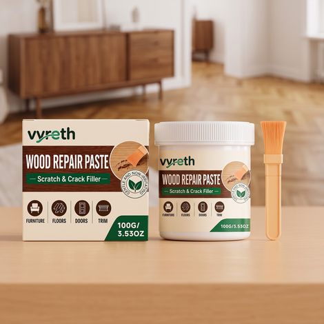 Holzreparaturpaste für Kratzer und Risse in Holzmöbeln und -böden: Schonend und einfach anzuwenden – 100 g + 1 Pinsel -- DE (1/5)