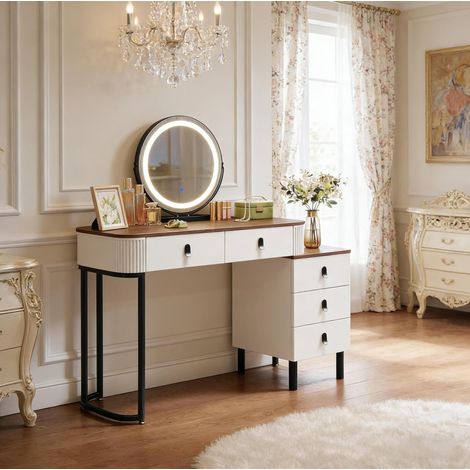 Tocador con espejo LED giratorio, 5 cajones, 100 x 40 x 126 cm, marrón y blanco HAVRYA (1/5)
