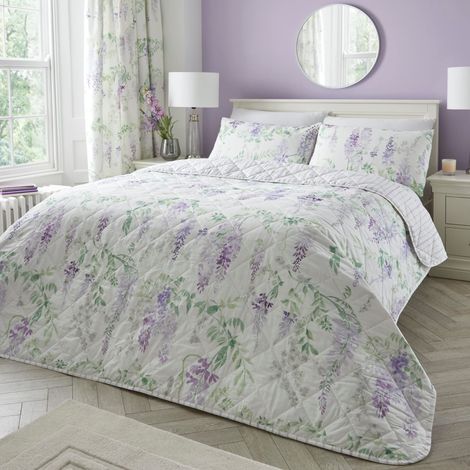 Couvre-lit Violet glycine 230 cm x 200 cm Doux au Toucher Couvre-lit matelassé Floral Violet Couverture Florale Lavande Housse de Couette Assortie Disponible (1/3)