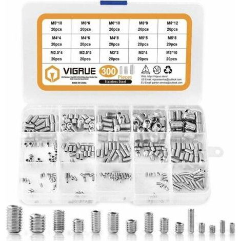 Kit 300PCS M2.5 M3 M4 M5 M6 M8 Hexagonal Headless Screws,Set Assortment Kit of Stainless Steel Hex Socket (1/5)