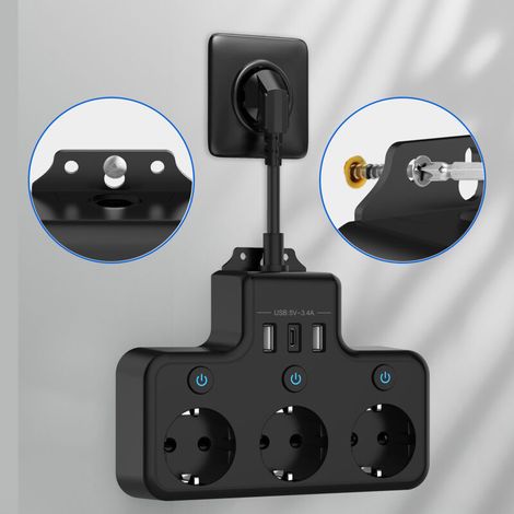 Prise Multiple avec Interrupteur Individuel,Multiprise Electrique avec USB C Multiprise Murale 3 Prises et 2 USB Chargeurs Adaptateur Prise 7 en 1(Noir) (1/5)