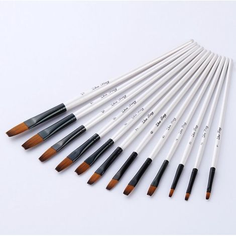 Ensemble de 12 pinceaux aquarelle à manche blanc et pointe plate – Pinceaux acryliques bicolores en nylon – Idéal pour les étudiants, le bricolage et la peinture artistique