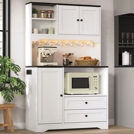 Buffet haut de cuisine 100x40x163 cm avec niche micro-ondes LED via application 2 prises 2 USB étagères réglables 2 tiroirs range-épices, MDF Blanc (1/5)