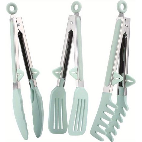 Ensemble de trois pinces de cuisine en acier inoxydable avec embouts en silicone, idéales pour les pâtes, les grillades, la cuisson au four, les viandes et les salades - AquaForge (1/5)