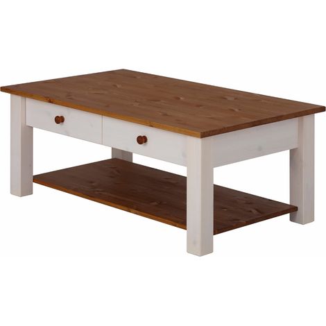 Table basse fixe en pin massif certifié FSC – 2 tiroirs de rangement – Étagère ouverte – Surface lisse et facile d’entretien