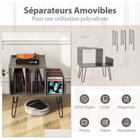 Meuble vinyle gris à 2 niveaux avec prises et ports USB, séparateurs amovibles et pieds en métal pour salon et bureau (1/5)