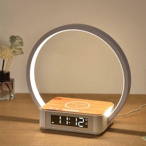 Veilleuse LED avec fonction de charge, lampe de réveil, réveil, commande tactile à intensité variable, lampe de table avec chargeur sans fil 5 W [Classe énergétique E] (1/5)