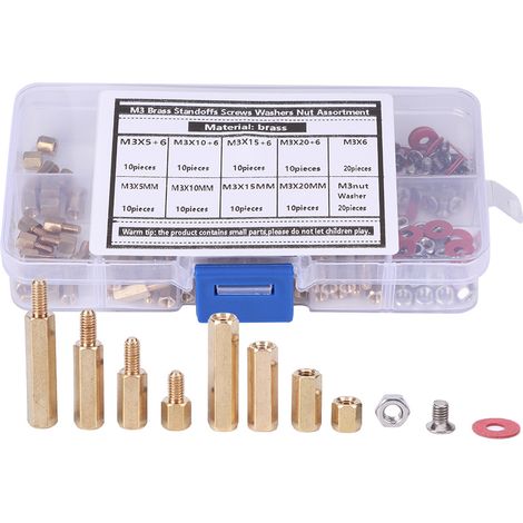 Assortiment de 140 vis, rondelles et écrous M3 en laiton, avec visserie hexagonale et accessoires de quincaillerie.