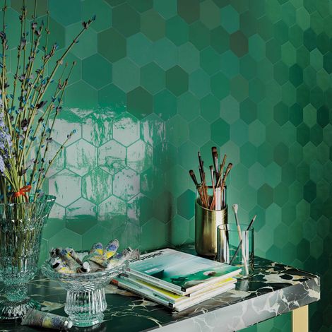 Carrelage mural faïence Zellige Hexa, hexagone 12,4x10,8cm (10 couleurs) - Hexagone 12,4x10,8 cm Vert Foncé - Brillant / Poli - boîte de 0.38 m2 - Gi
