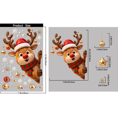 Autocollants statiques pour vitrines, décorations de Noël : Père Noël, bonhomme de neige et rennes (dessin animé) - JS115