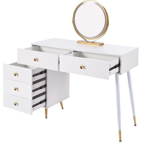 Coiffeuse, ensemble table de maquillage avec éclairage LED et miroir, avec armoire latérale réglable et design extensible. Dimensions: B100/H78/T40 cm (sans tabouret) (1/5)