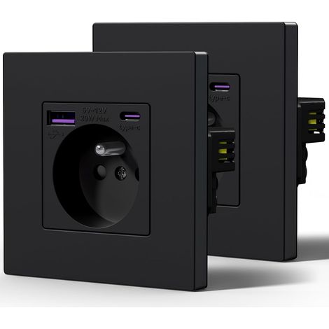Prise Electrique avec USB et Type C, 20W Charge rapide, Prise Murale avec Panneau En Plastique, Alternatif Norme Française 16 Amp 240V 86mm Noir, 2 Paquests (1/5)