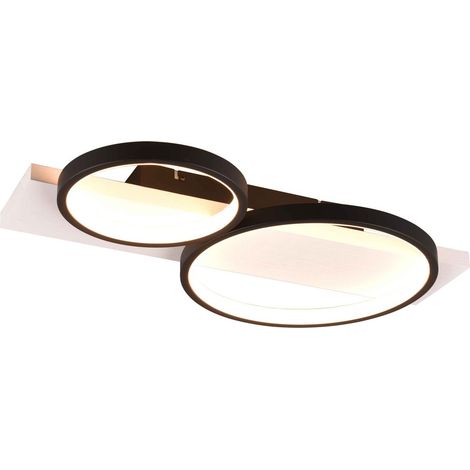 MEDERA PLAFONIERA 2 CERCHI METALLO NERO BASE LEGNO BIANCO CON DIMMERAZIONE AD INTERRUTTORE L. 54CM LED 26W 3000lm, 3000K (1/5)