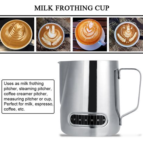 Mousseur à lait en acier inoxydable 600ml, pichet à café espresso avec graduations, tasse et mug pour barista. (1/5)