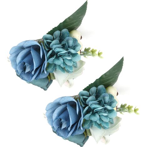 Lot de 2 fleurs artificielles pour poignet de demoiselle d'honneur, idéales pour un mariage, un anniversaire ou une soirée cocktail (bleu cyan). (1/5)