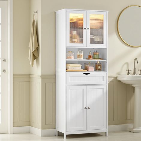Meuble de Rangement avec Éclairage, avec Étagères Réglables, Tiroir, Compartiments Ouverts, pour Salle de Bain, Salon, Salle à Manger, Blanc