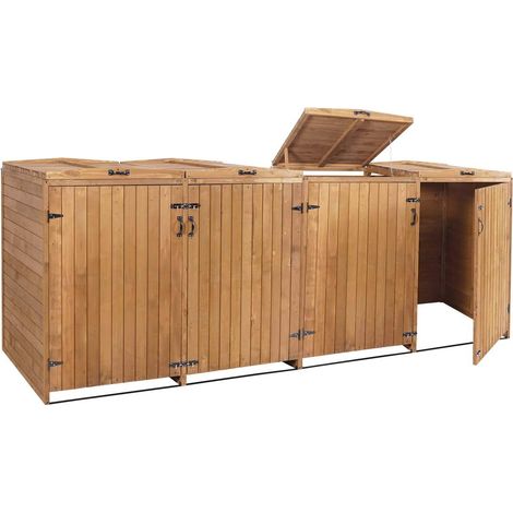 Cubo de basura exterior que alberga contenedores de basura de hasta 8 cubos con tapa 126x316x98 cm fabricado en madera certificada FSC marrón 040002872