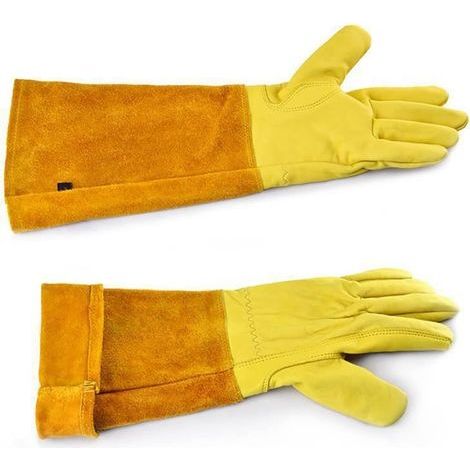 Gartenhandschuhe aus Leder mit langem, weichem, flexiblem und stichfestem Stulpen, Kaktushandschuhe, dornensichere Gartenhandschuhe für Damen und Herren, Gelb, Größe M (1/4)