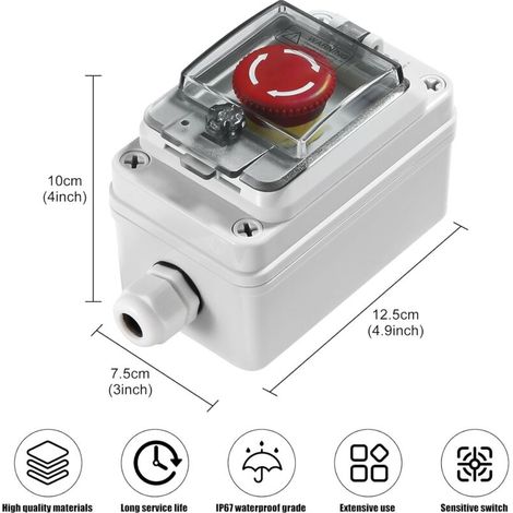 royaluxe -Interrupt à bouton-poussoir IP67, boîtier de commutation à bouton-poussoir étanche pour l'extéri, interrupt à bouton-poussoir d'arrêt d'urgence avec couvercle de protection, interrupt de f (1/2)