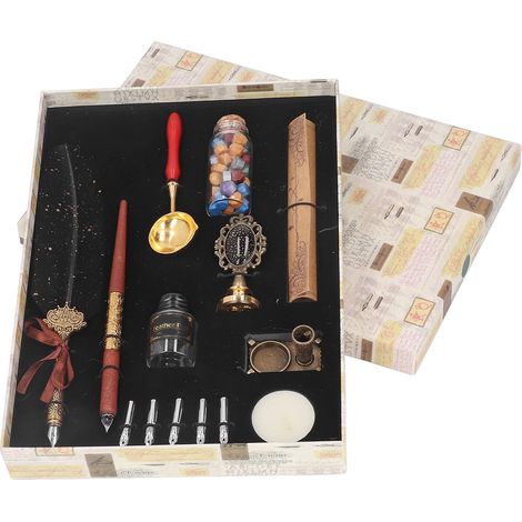 Lot stylo plume rétro élégance européenne, ensemble plume noir à points avec encres rechargeables et flacon vide, calligraphie. (1/5)