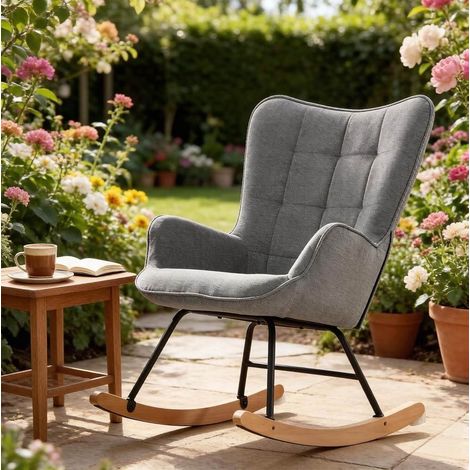 Sillón mecedora gris oscuro en terciopelo y madera maciza con respaldo alto ergonómico (1/5)
