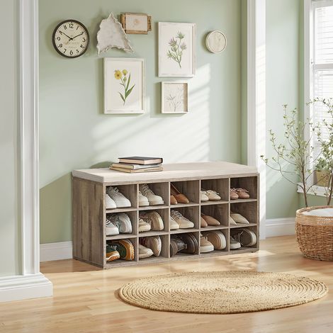 Banc à Chaussures, Banc de Rangement avec Siège Rembourré, 15 Compartiments, Étagères Réglables, pour Salon, Couloir, Marron Camel (1/5)