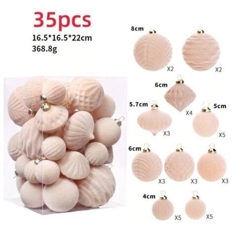 Green Mobility-Coffret cadeau de 35 boules de Noël exquises en velours blanc crème floqué, décoration pour sapin pour les fêtes (1/4)